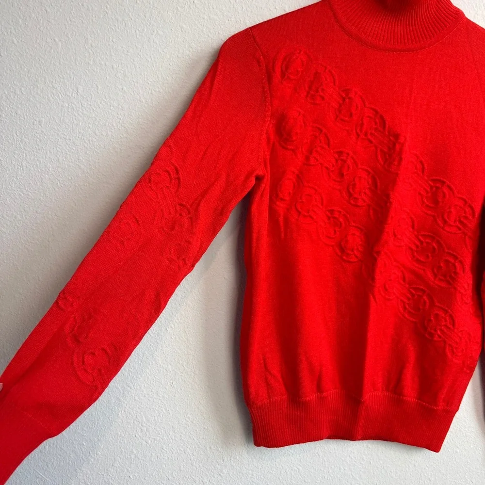 Tory Burch Gemini Red Merino Wool Turtleneck Sweater Textured‎ Monogram Red XS